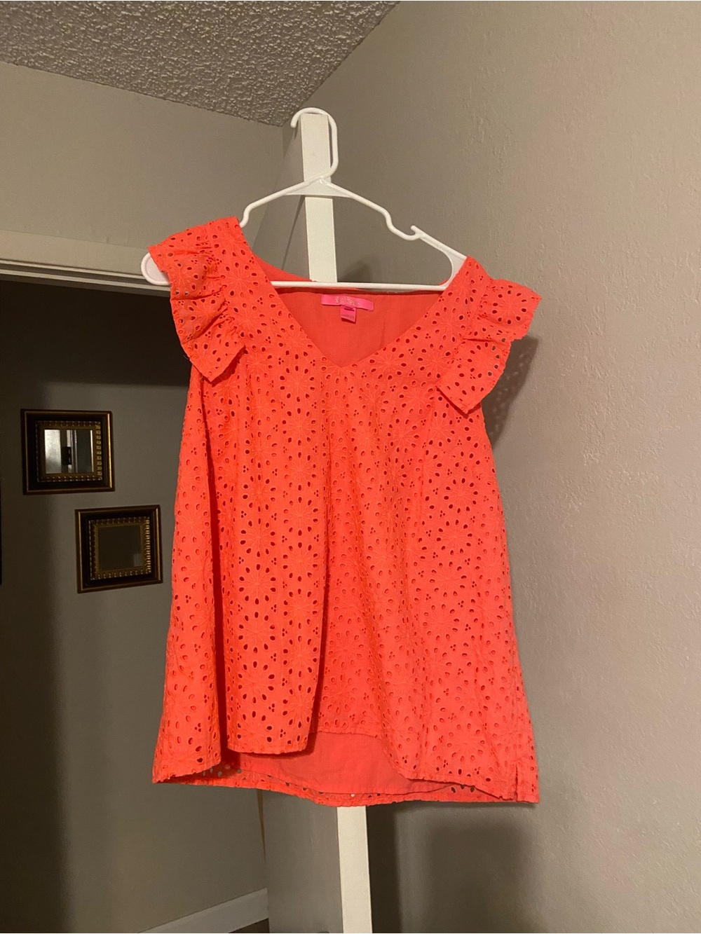 Lilly Pulitzer Coral Eyelet Ruffle Shoulder Blouse